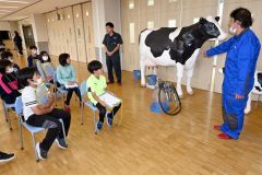 等身大の乳牛模型などで酪農について学ぶ児童