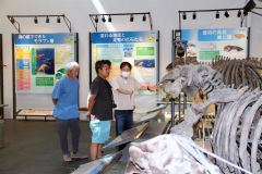 足寄動物化石博物館で、安藤達郎館長（右端）の説明を聞くノースウェーブのＤＪヤマタさん（中央）。左端は町地域おこし協力隊員の神本さん