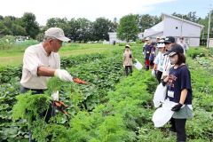 恩田さん（左）からニンジンが割れた理由を教えてもらう子どもら