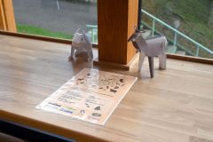 窓際の席に置かれた、「北海道産いきもの保全プロジェクト」のイベントで制作した動物たち。