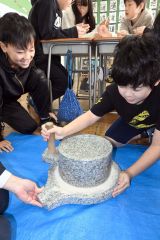 石うすで麦を粉にする作業を体験する児童