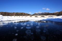 凍った糠平湖に出現したアイスバブル。（４日、タウシュベツ川橋梁付近で。須貝拓也撮影）