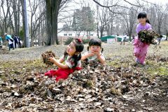 夏を思わせる気温の中、枯れ葉で遊ぶ半袖姿の子どもたち（１４日、おびひろ動物園で。金野和彦撮影）