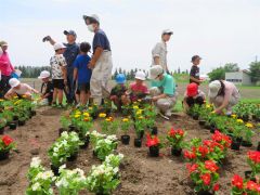 更農の生徒と花植に取り組む児童たち