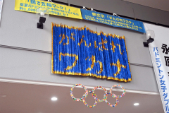 ２７００羽の折り鶴で作られた「がんばれワカナ」のメッセージと五輪マーク