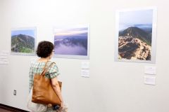 さまざまな角度から捉えた山脈の作品が並ぶ会場の様子（１日午前１０時１０分ごろ、帯広市民ギャラリーで、撮影助川かおる通信員）