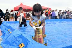 秋サケのつかみ取りに奮闘する子ども（２１日午前１１時１５分ごろ、須貝拓也撮影）