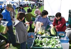 音更町で収穫された旬の野菜などを買い求める来場者（６日午前１１時ごろ、道の駅おとふけで。金野和彦撮影）