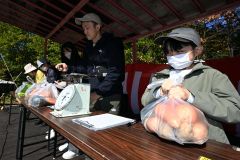 野菜重量当てクイズで奮闘する出場者（１３日午前１０時半ごろ、須貝拓也撮影）