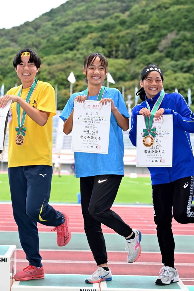 【写真】女子１００ｍ山崎（共栄中出）準Ｖ　ジャベリック植松（芽室中）３位入賞　Ｕ１８Ｕ１６陸上最終日