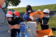 伝統農具で脱穀作業　池田小学校 5