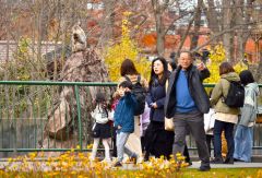 夏季開園最終日に、秋の深まる園内で動物を見て回る来園者（４日、午前９時半ごろ。金野和彦撮影）