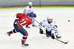 【１回戦・白樺学園―北海】第１ピリオド８分、先制のゴールを決める白樺学園の（１１）阿部泰獅