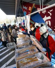 海の幸を求める買い物客でにぎわう会場（１５日午前８時５５分ごろ）