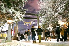 ３１日に積雪した帯広市内。木々の枝に付着した参道を歩く参拝客（帯廣神社で。金野和彦撮影）