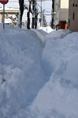 目線の高さほどに雪が積もった歩道（４日午後２時１０分ごろ、帯広市東２南８）