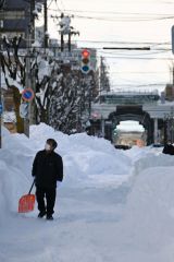 前日の雪のない景色から一変。降り積もった雪を見上げる市民（４日午後２時２５分ごろ、帯広市東３南９）