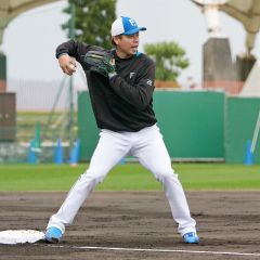 春季キャンプの守備練習で汗を流す日本ハムの杉浦稔大（６日、沖縄・エナジックスタジアム名護）