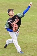 【日本ハムーオイシックス】試合前にキャッチボールをするオイシックス・牧野憲伸＝鎌ケ谷（大賀章好撮影）
