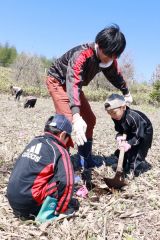 植樹作業に汗を流す参加者ら