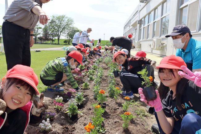 「博愛の花」３００株植栽　池田小２年生が日赤の花壇造り