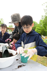 花の鉢上げに挑戦する子どもたち