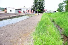 苗を植えた学校の水田（左）。かつて稲作に使用していた用水路（右端）から水を引いている
