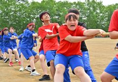 掛け声に合わせて一斉に綱を引く生徒たち（３０日、音更駒場、塩原真撮影）