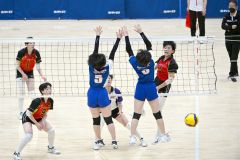 【女子予選グループ・帯南商―東海大札幌】第１セット、相手のブロックをかわし、ライン際へボールを落とす帯南商の矢萩梨花（赤色ユニホーム、右）＝金野和彦撮影