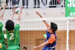 【男子決勝トーナメント２回戦・白樺学園―北海】１８３センチの長身から精度の高いスパイクを放つ白樺学園の真田悠（右）