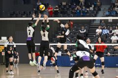 【女子決勝トーナメント１回戦・帯三条―旭川明成】第１セット、スパイクを放つ帯三条の福田栞菜（黑色ユニホーム、中央）＝金野和彦撮影