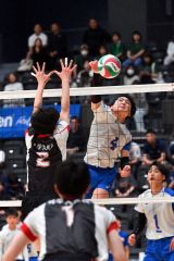 【男子準決勝・東海大札幌―道科学大高】第３セット、スパイクを決める東海大札幌の松村翔生（グレーのユニホーム、緑南中出）＝金野和彦撮影