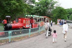 豆汽車をはじめ多くの遊具が営業を再開した（１１日午前１１時ごろ、須貝拓也撮影）