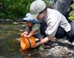 ヤマメの稚魚を放流する参加者