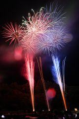 雨模様の夜空を色鮮やかに彩った花火（１９日、午後８時１５分ごろ、須貝拓也撮影）