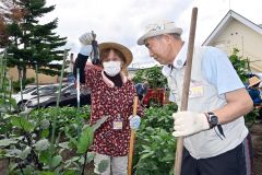 首掛け扇風機を身に付けて、収穫したナスを手にする利用者