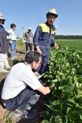 野口局長（手前）に生育状況を説明する牧村さん（奥）