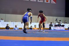 【個人戦男５５キロ級・２回戦】力を出し切れずフォール負けとなった田澤祥樹（赤のユニホーム）