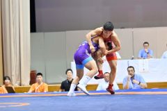 【個人戦男子６５キロ級決勝】一瞬の隙を突かれてタックルを受け、場外に押し出され２失点目を喫した野口佳（赤）