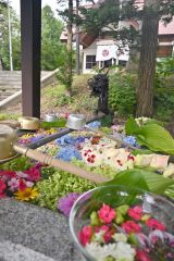 地域の人が育てた花を集めて作られた花手水