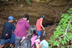 本別公園にある軍用資材などを格納した横穴を見学する参加者