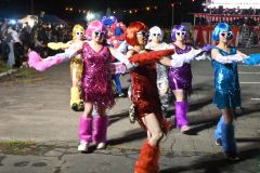 独創性豊かな装いで盆踊りを楽しむ参加者ら（広尾）