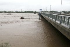 ２０１６年の台風１０号による大雨で増水した札内橋周辺の札内川。河川敷は水没し、水位は堤防の高さに迫った（２０１６年８月３１日）