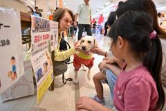 盲導犬と触れ合う家族連れ
