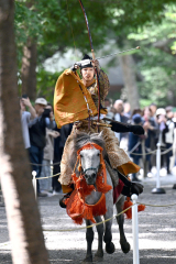 馬上から狙いを定め矢を放つ射手（２３日午前１１時半ごろ、須貝拓也撮影）