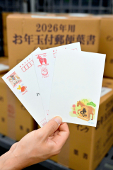 ２０２６年用の年賀はがき。えとの馬やミッキーマウス、他にもシマエナガの描かれた年賀はがきも発売される（金野和彦撮影）