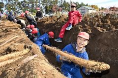 大きなナガイモを折らずに掘り上げて笑顔を見せる児童（２３日午前１０時１０分ごろ、須貝拓也撮影）