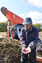 「色や艶、粒の大きさやそろいはまずまず」と小豆を手にする河野さん