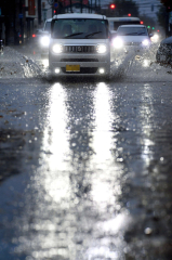 落ち葉の影響で冠水した道路を進む自動車(1日午前8時40分ごろ、西1南12で。塩原真撮影)