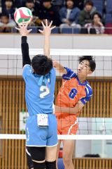 【男子2回戦・白樺学園―恵庭南】クイックでスパイクを打ち込む白樺学園の神谷敦希